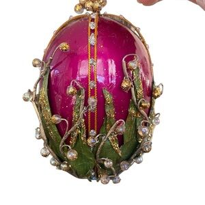 Faberge Inspired Gold Lily of the Valley Egg Ornament w/iridescent beads